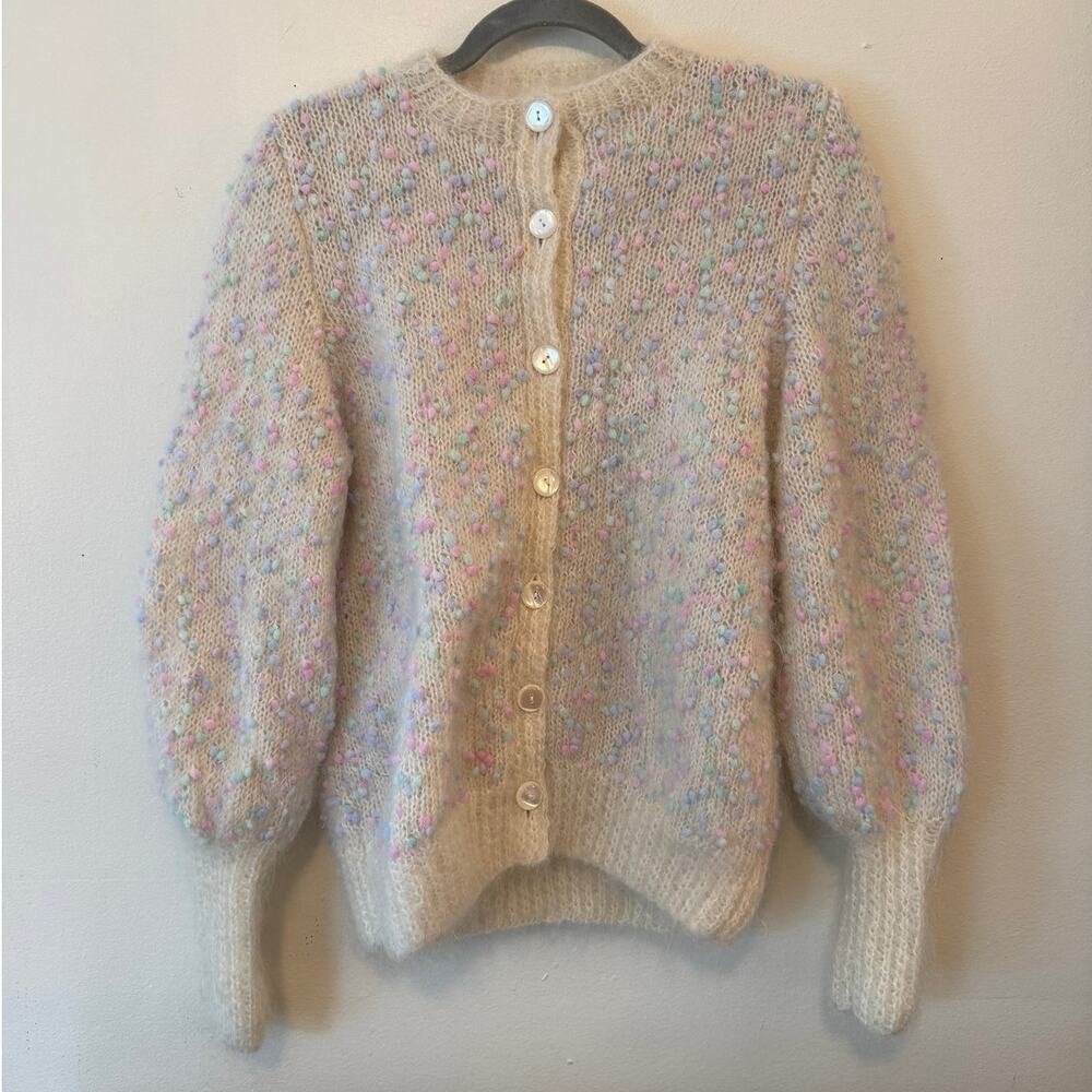 Vintage Handmade Mohair Wool Blend Confetti Bobble Cardigan Pastel Size S/M